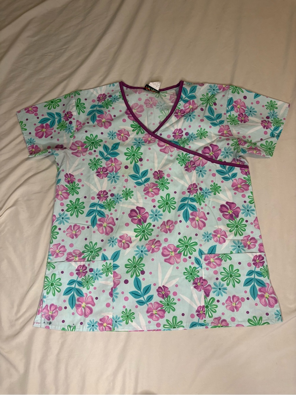 Woman’s Floral Print Scrub Top - Purple Trim